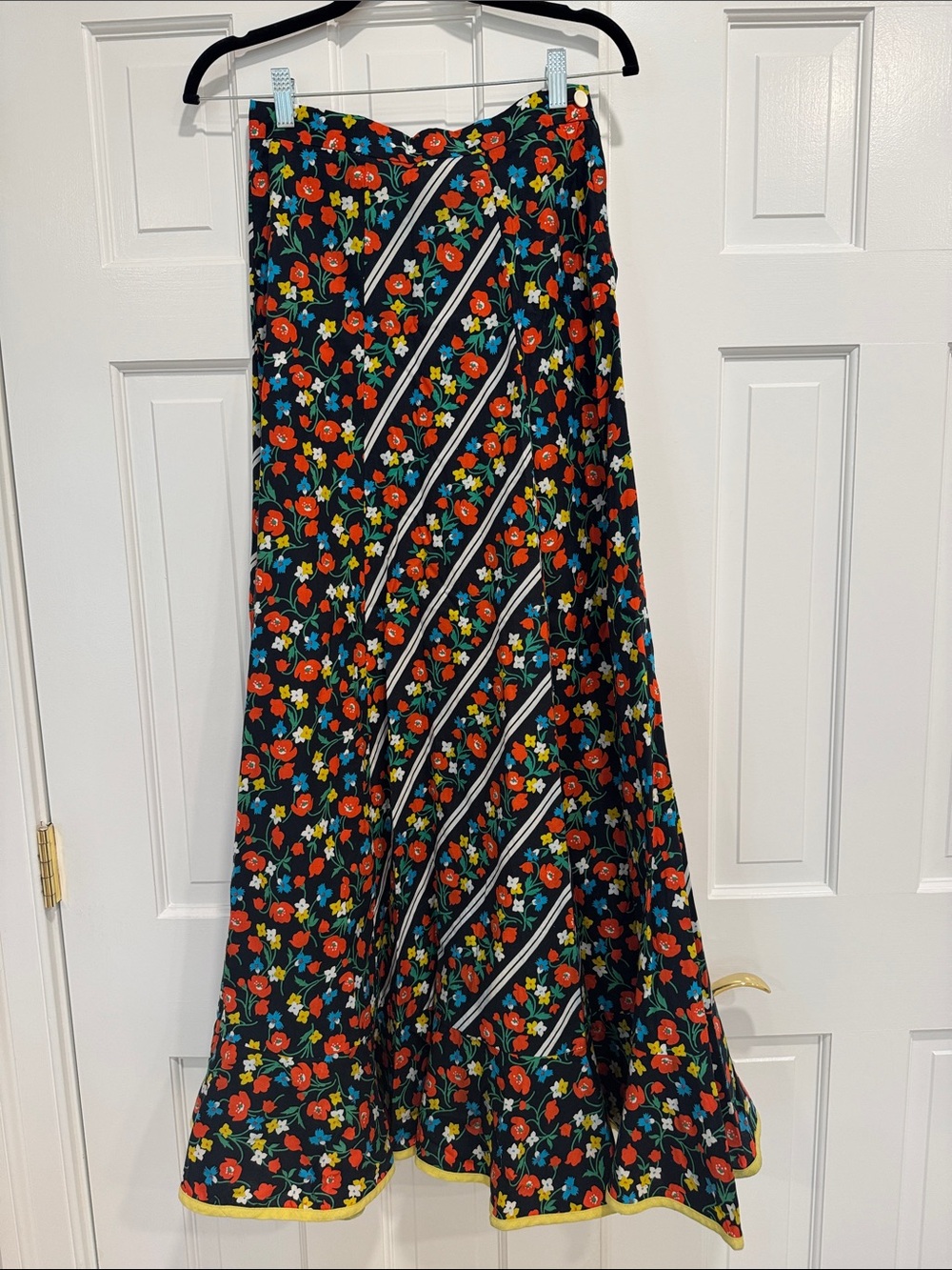 Vintage Black Maxi Skirt with Red & Blue Floral Print